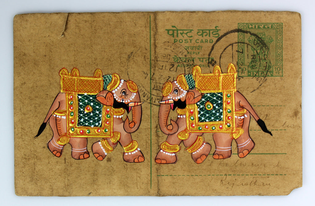 Vintage Postcard Painting-Two Elephants
