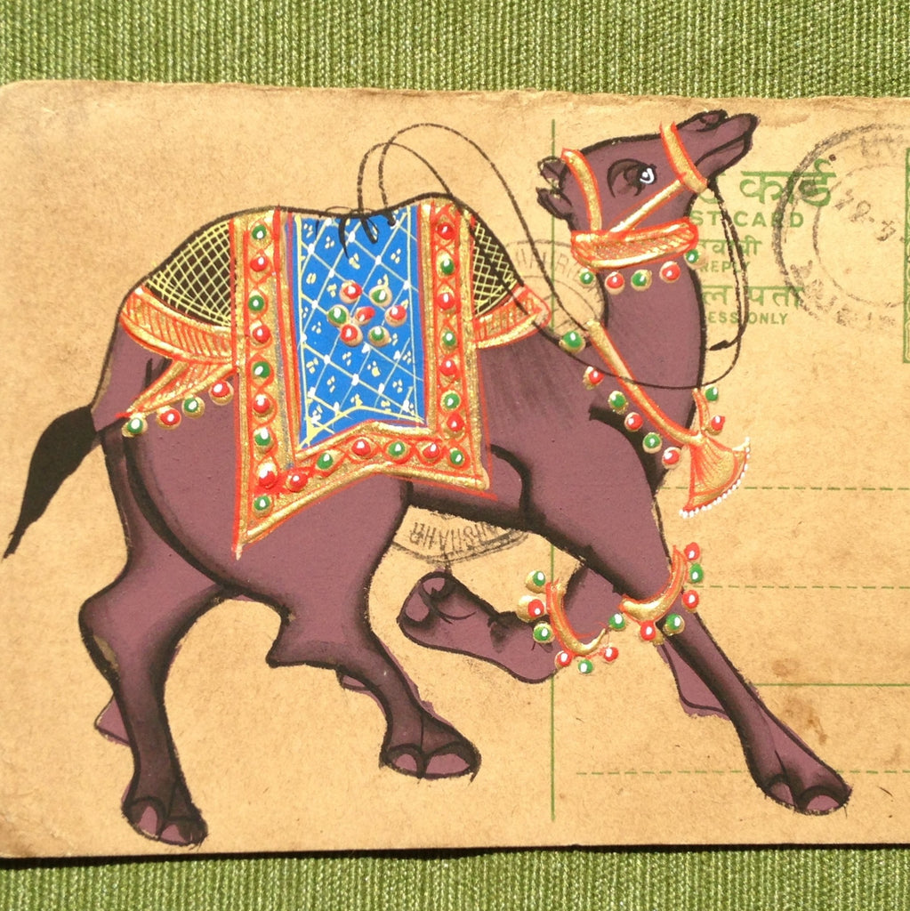 Vintage postcard painting with camel