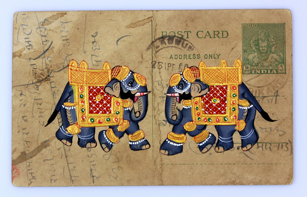 Vintage Postcard Painting-Two Elephants