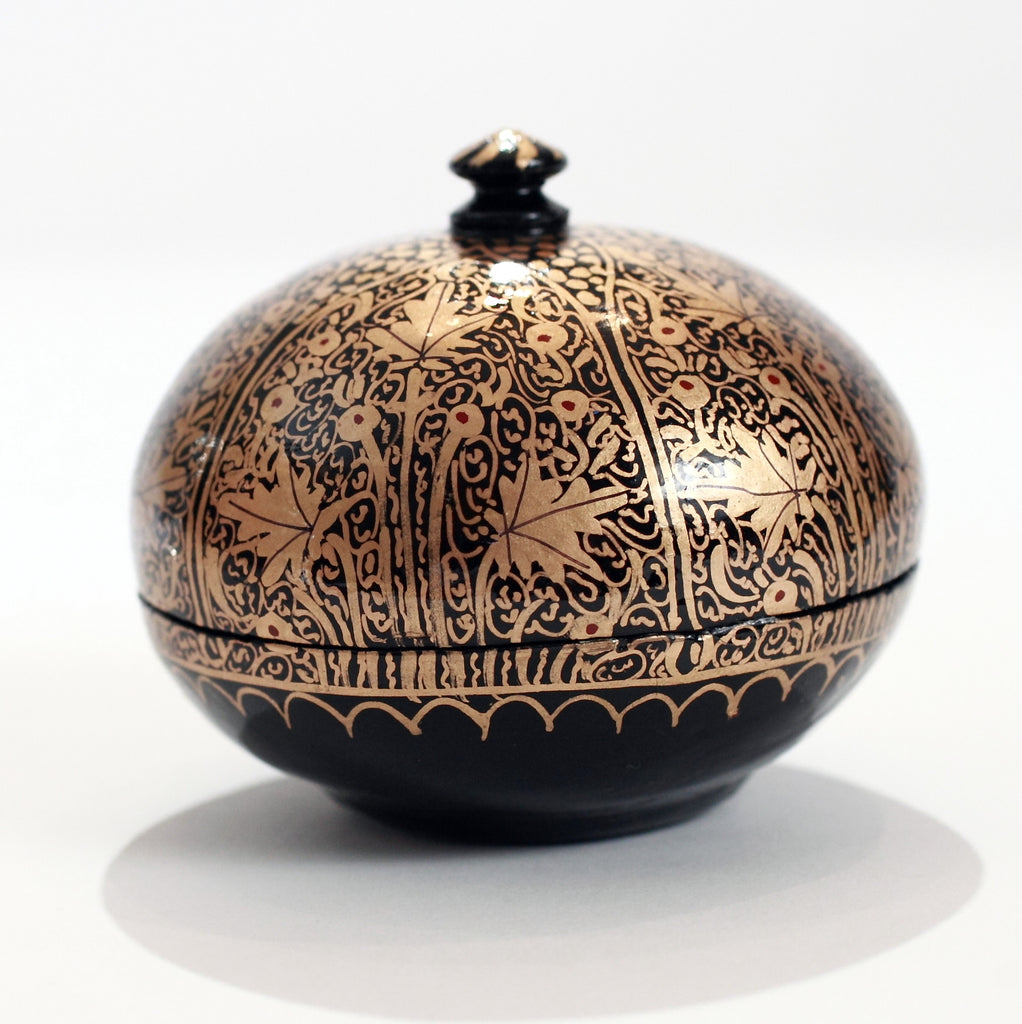 Black and Gold Round Paper Mache Box with Handled Lid