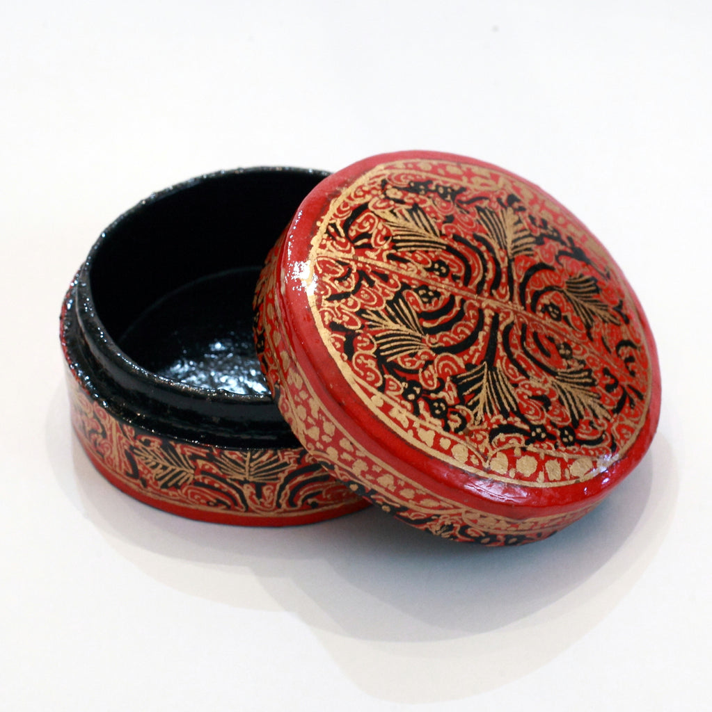 Red and black round paper mache box